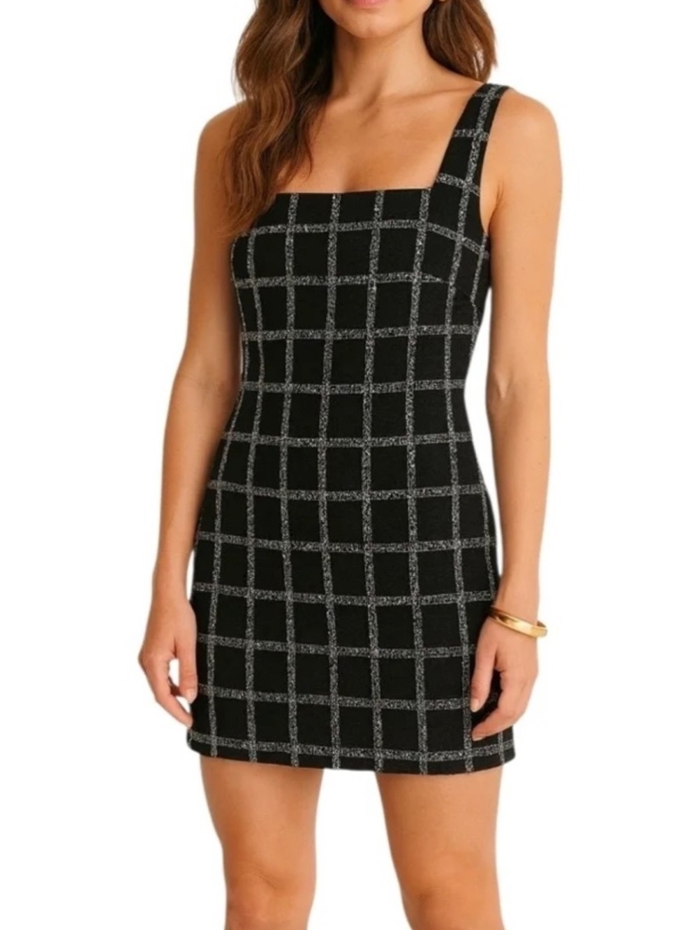 Jason Wu Fitted Mini Dress Black Tweed Sleeveless Square Neck Metallic Classic